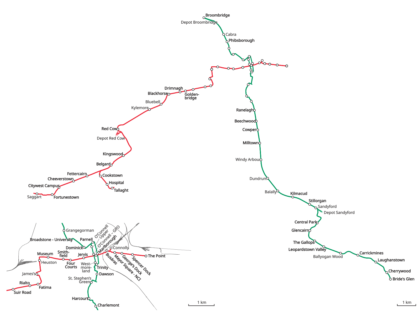 Map of the Luas tram network in Dublin